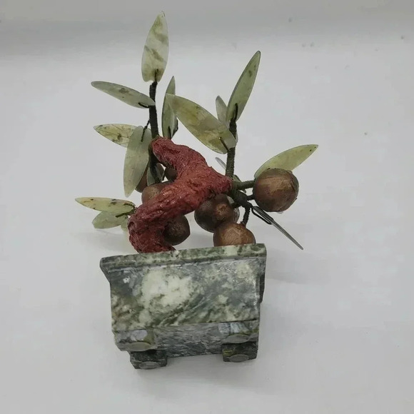 Vintage Chinese Carved Gemstone Fruit Tree Quartz Jade Leaves Bonsai Lucky 7" - Picture 9 of 14
